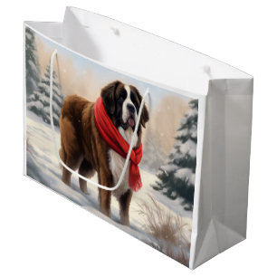 Sacola Para Presentes Grande Cão São Bernardo na neve Natal 