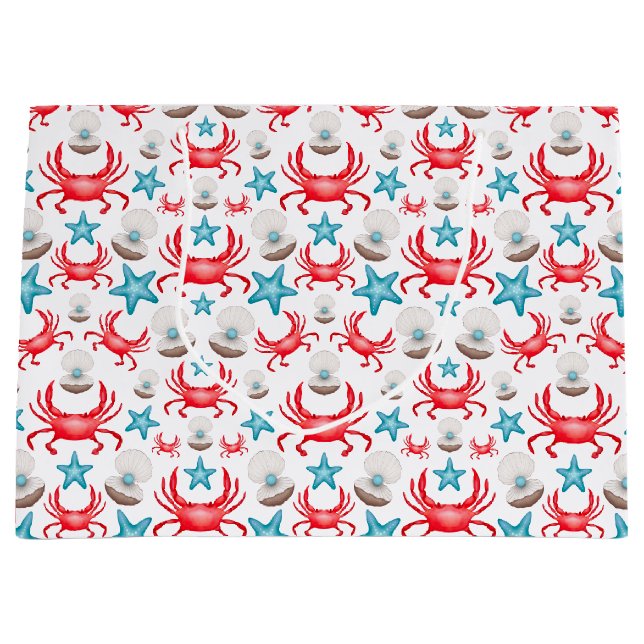 Sacola Para Presentes Grande Caranguejo e Padrão de Shell Azul-Cinto Costeiro (Frente)