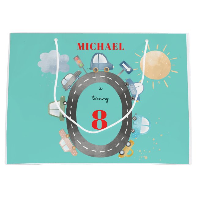 Sacola Para Presentes Grande Carros e veículos no aniversário do garoto da estr (Frente)