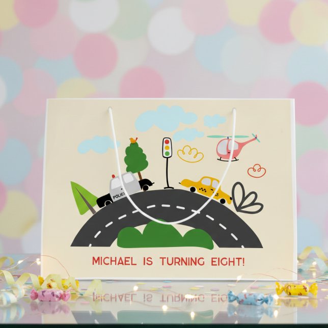 Sacola Para Presentes Grande Carros e veículos no aniversário do garoto da estr (Criador carregado)