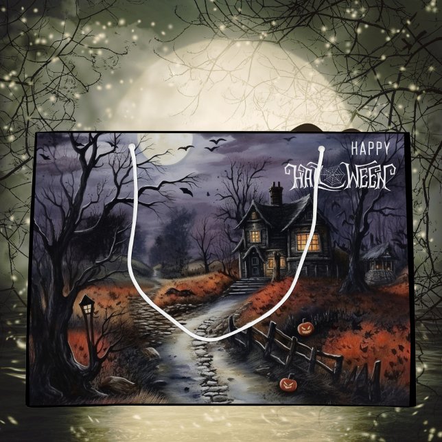 Sacola Para Presentes Grande Casa Assustada Feliz das Halloween (Criador carregado)