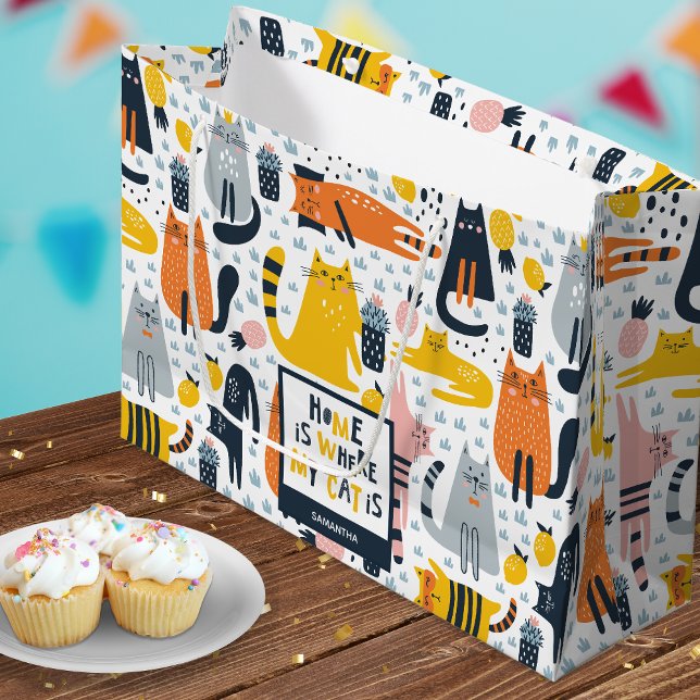 Sacola Para Presentes Grande Casa é Onde Meu Gato é o Nome Monograma Padrão (Criador carregado)