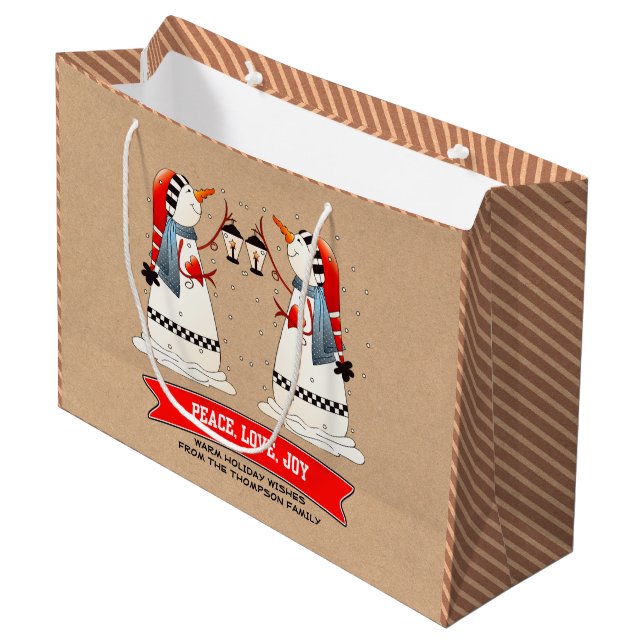 Sacola Para Presentes Grande Casal de Neve Kraft Paper Natal Personalizado (Frente inclinada)
