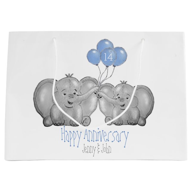 Sacola Para Presentes Grande casal elefante do aniversário de casamento da 14 d (Frente)