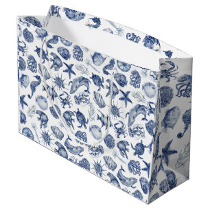 Sacola Para Presentes Grande Casamento Azul Moderne Costeiro em Aquarela