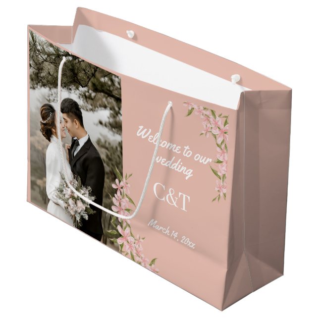 Sacola Para Presentes Grande Casamento Boêmia Marrom e Branco Elegante (Frente inclinada)