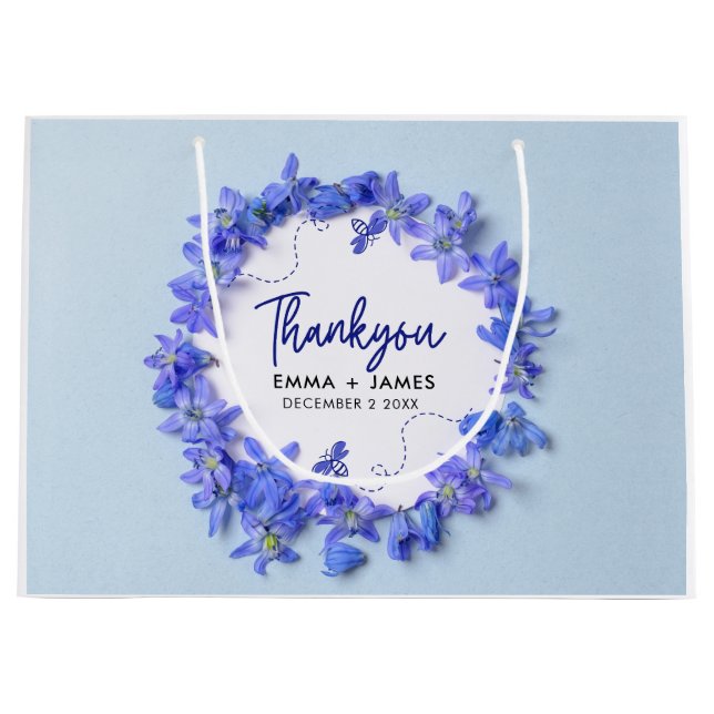 Sacola Para Presentes Grande Casamento bonito com Hydrangeas Azuis - Obrigado (Frente)