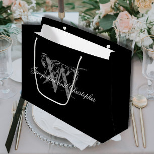 Sacola Para Presentes Grande Casamento Chic Branco e Preto do Monograma Elegant