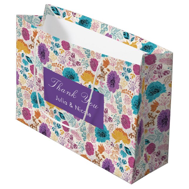 Sacola Para Presentes Grande Casamento de Flores Primavera Amarelas Teais Roxas (Frente inclinada)
