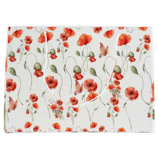 Sacola Para Presentes Grande Casamento de Watercolor Poppy Flores Vermelhas