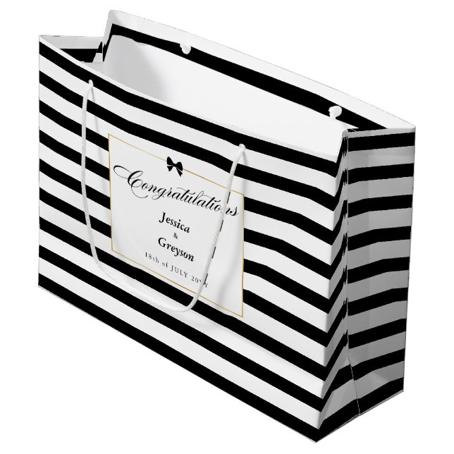 Sacola Para Presentes Grande Casamento Dourado de Frame  de Stripe Negra Elegan (Frente inclinada)