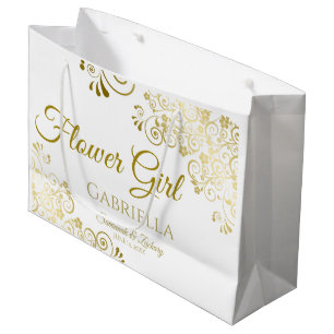 Sacola Para Presentes Grande Casamento Dourado e Branco com Flores Simples