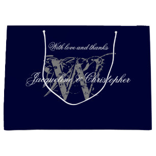 Sacola Para Presentes Grande Casamento Elegante Branco de Prata Azul Marinho Mo