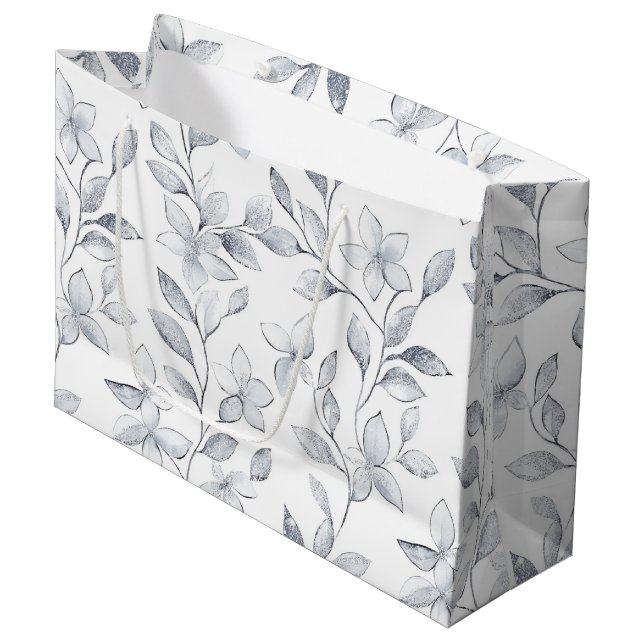 Sacola Para Presentes Grande Casamento Floral Prata Chic Branco (Frente inclinada)