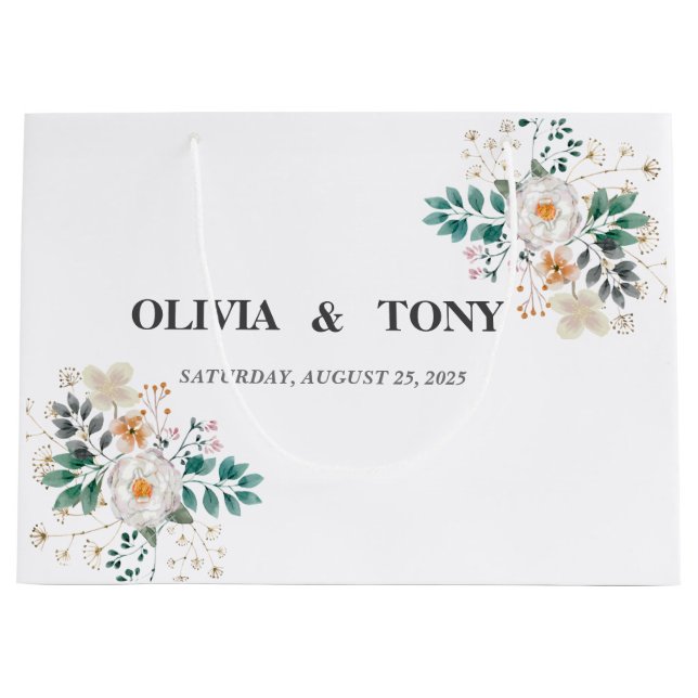 Sacola Para Presentes Grande Casamento Floral Romântico Simples (Frente)