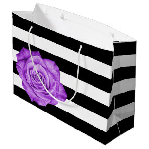Sacola Para Presentes Grande Casamento Moderno de Rosa Roxa com Listras Pretas