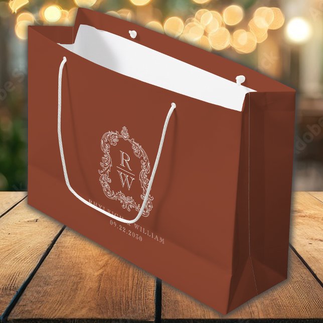 Sacola Para Presentes Grande Casamento Monograma Crest Terracotta (Criador carregado)