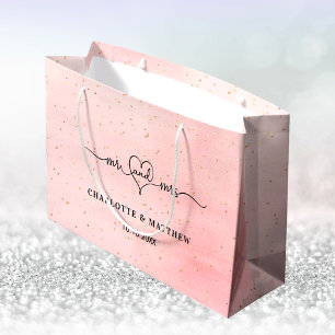 Sacola Para Presentes Grande Casamento mr mrs coração script blush cor-de-rosa