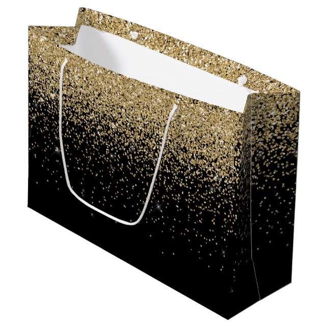 Sacola Para Presentes Grande Cascades de Glam de Fundo Preto Dourado com Largur (Frente inclinada)