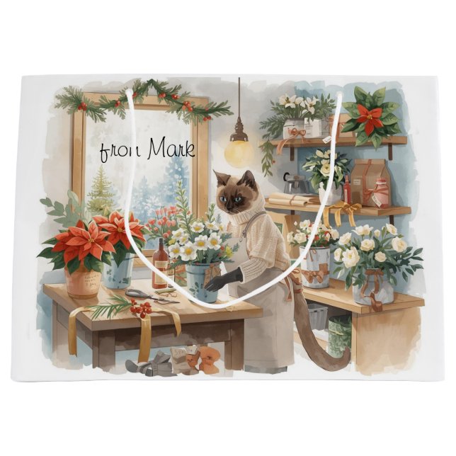 Sacola Para Presentes Grande Cat arranging Winter Flowers for Christmas  (Frente)