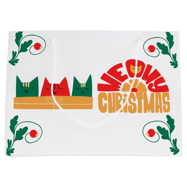 Sacola Para Presentes Grande Cat Meowy Natal Feriado Gift Bag (Frente)