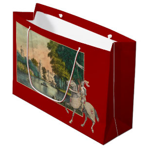 Sacola Para Presentes Grande Cavaleiro e cavalo no castelo da armadura atrás