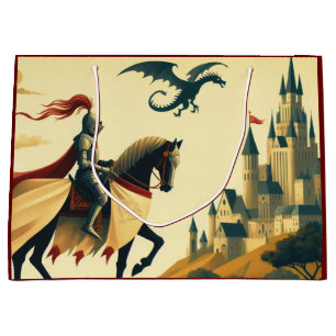 Sacola Para Presentes Grande Cavaleiro Medieval/dragão/fantasia do castelo
