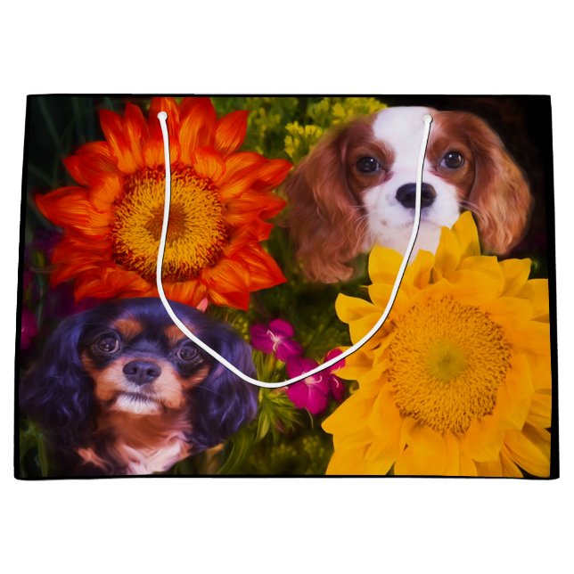 Sacola Para Presentes Grande Cavalier King Charles Spaniel Girassóis (Frente)