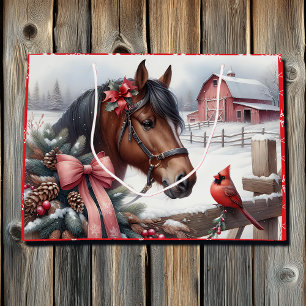 Sacola Para Presentes Grande Cavalo de Natal Castanho e Cardeal