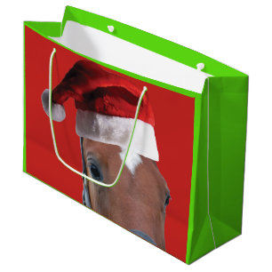 Sacola Para Presentes Grande Cavalo de Natal vestindo um Chapéu de Papai Noel