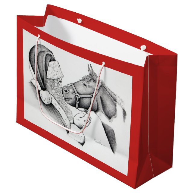 Sacola Para Presentes Grande Cavalo e Papai Noel do Natal (Frente inclinada)
