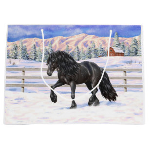 Sacola Para Presentes Grande Cavalo Negro Frísia Na Neve