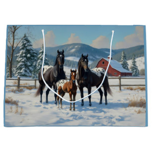 Sacola Para Presentes Grande Cavalos de Appaloosa Pretos numa Fazenda no invern
