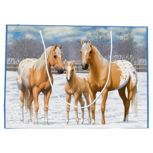 Sacola Para Presentes Grande Cavalos Palomino Appaloosa Na Neve (Verso)
