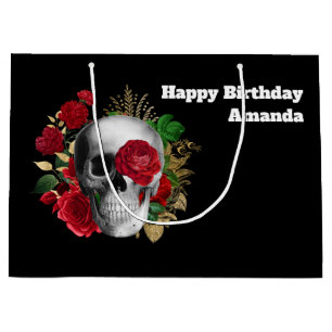 Sacola Para Presentes Grande Caveira do gótico com Flores Vermelhas e Folhas Do