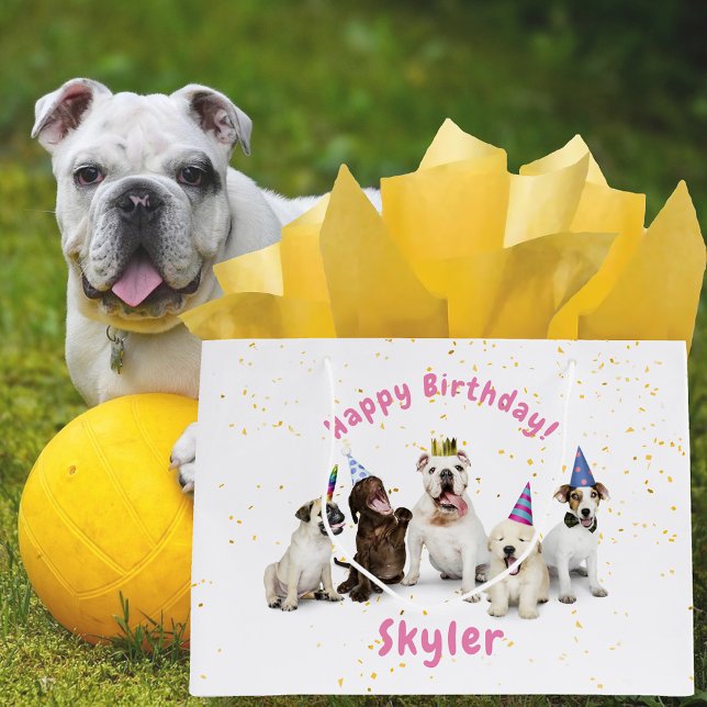 Sacola Para Presentes Grande Celebração de Cães de Pet Birthday | Rosa (Criador carregado)