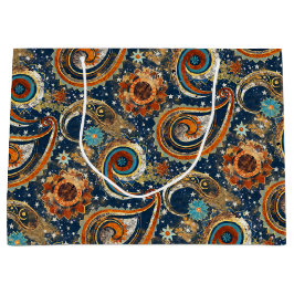 Sacola Para Presentes Grande Celestial Paisley Patterno Azul, Laranja, Dourado