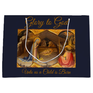 Sacola Para Presentes Grande Cena da Natividade na Dourada Glória a Deus