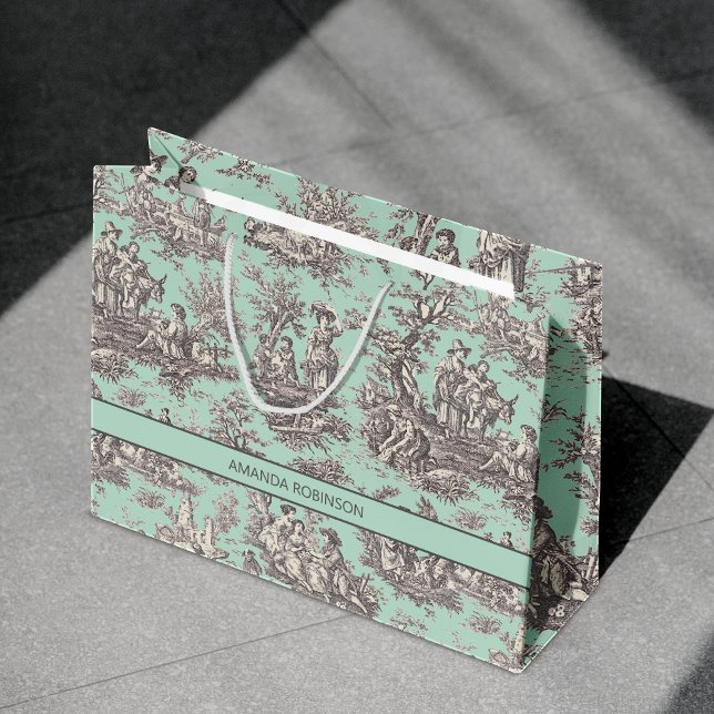 Sacola Para Presentes Grande Cena de Campo Vintage Preto Menta Toile de Jouy (Criador carregado)