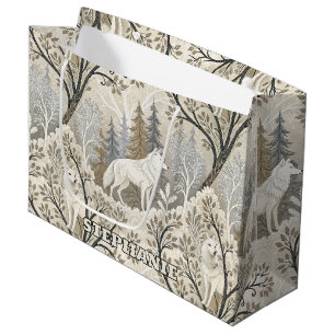 Sacola Para Presentes Grande Cena de inverno Tranquila com Lobos Brancos