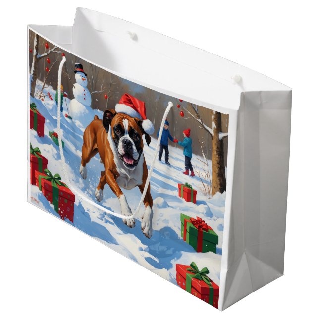 Sacola Para Presentes Grande Cena de Natal com Neve Festiva com Boxer (Frente inclinada)