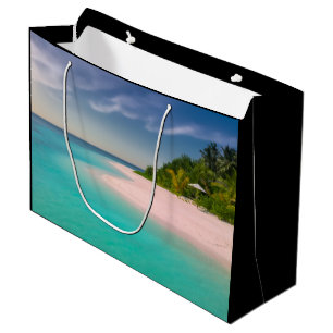 Sacola Para Presentes Grande Cena de praia tropical oceano água-marinha