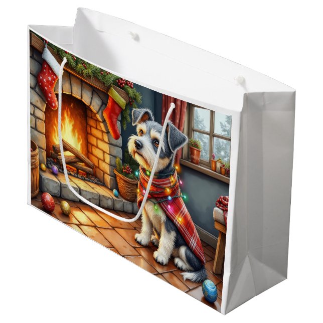 Sacola Para Presentes Grande Cesky Terrier Fireplace with Christmas Lights (Frente inclinada)