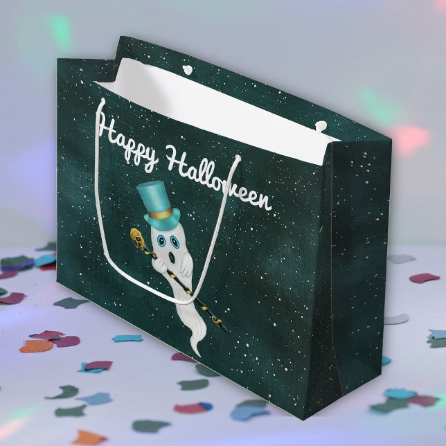 Sacola Para Presentes Grande Céu Flutuante Céu Flutuante de Rico Fantasma e de  (Fun fancy white ghost top hat gold skull cane floating in blue night sky Halloween gift bag.)