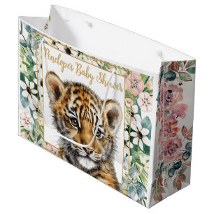 Sacola Para Presentes Grande Chá de Bebê Neutro com Filhote de Tigre Realista