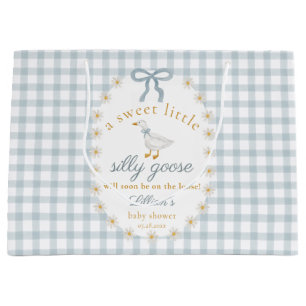 Sacola Para Presentes Grande Chá de Bebê Silly Goose Azul Xadrez Cottagecore