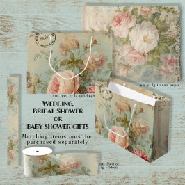 Sacola Para Presentes Grande Chá de Bebê Vintage Francês Rosa Floral Azul Rosa 