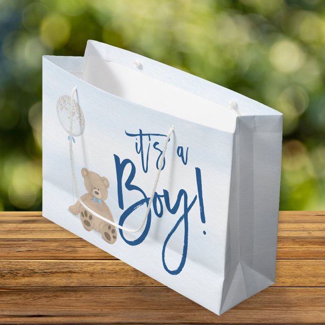 Sacola Para Presentes Grande Chá de fraldas de Balão Azul do Urso Teddy (Criador carregado)