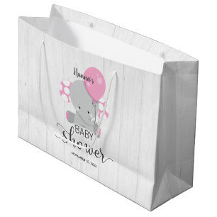 Sacola Para Presentes Grande Chá de fraldas de Elefante Rosa e Madeira