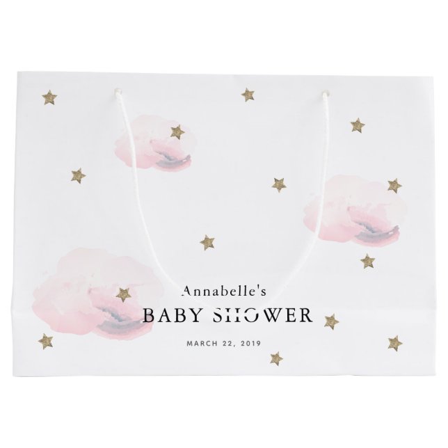 Sacola Para Presentes Grande Chá de fraldas de Estrelas Douradas e Nuvens Rosa  (Verso)